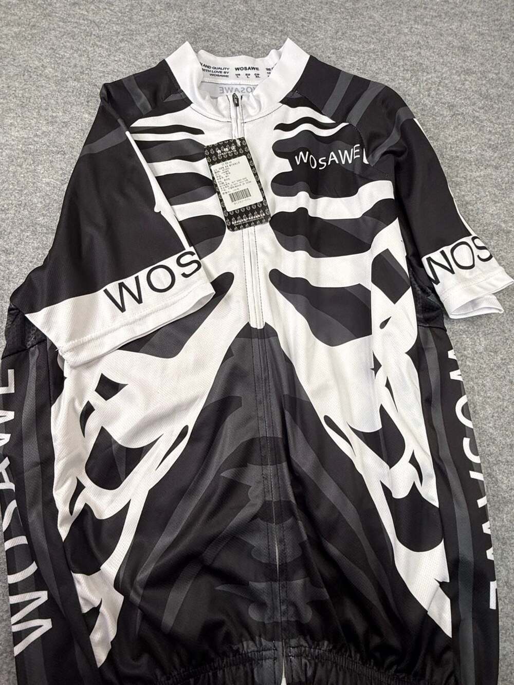 Wosawe Men's Skeleton Short Sleeve Cycling Jersey Black White Size L
